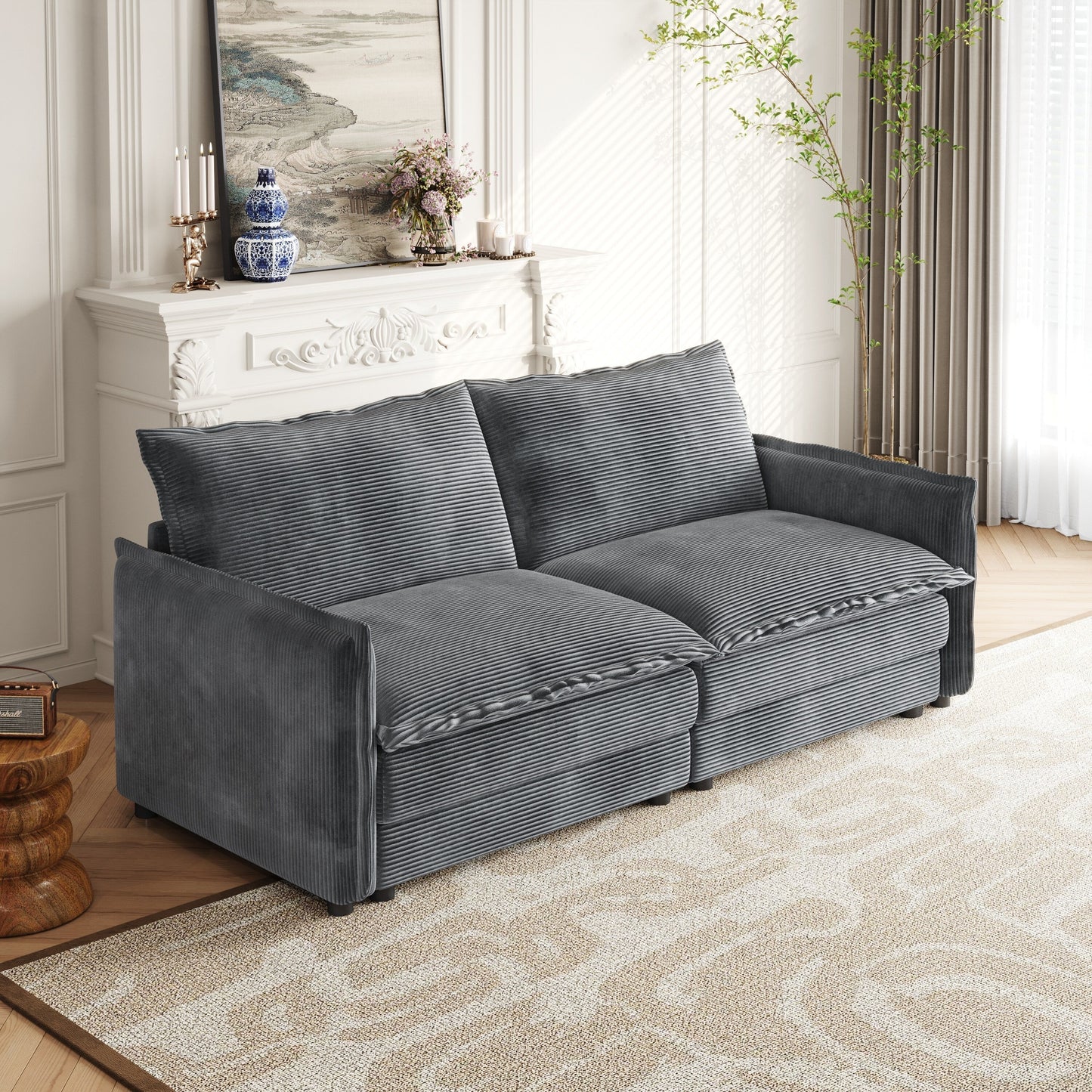 Divano a due posti in velluto a coste per soggiorno, divano imbottito di grandi dimensioni con seduta profonda e 2 cuscini