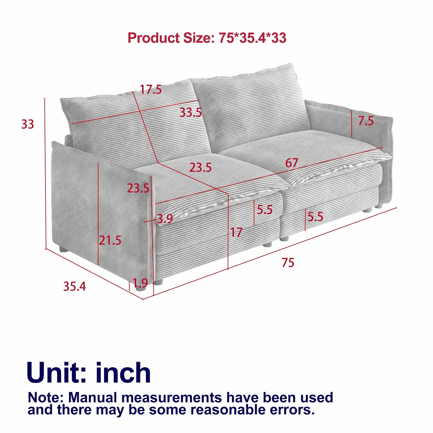 Divano a due posti in velluto a coste per soggiorno, divano imbottito di grandi dimensioni con seduta profonda e 2 cuscini