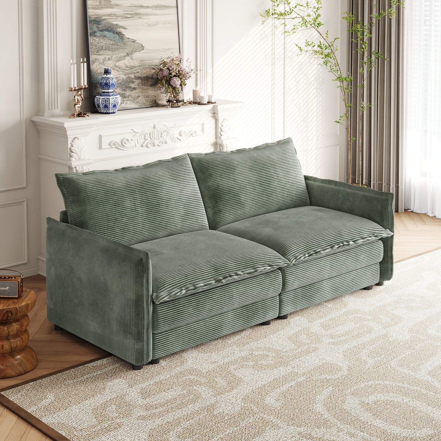 Divano a due posti in velluto a coste per soggiorno, divano imbottito di grandi dimensioni con seduta profonda e 2 cuscini