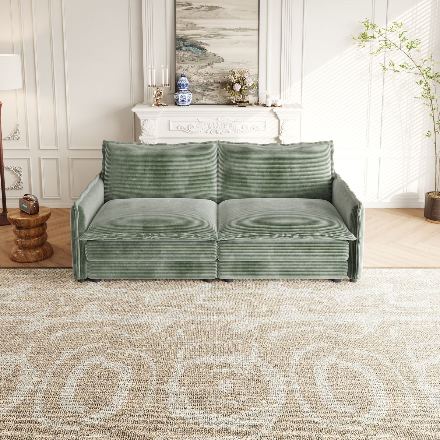 Divano a due posti in velluto a coste per soggiorno, divano imbottito di grandi dimensioni con seduta profonda e 2 cuscini