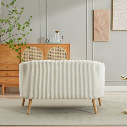 Divano a 2 posti rivestito in tessuto di velluto a coste con gambe in legno di noce