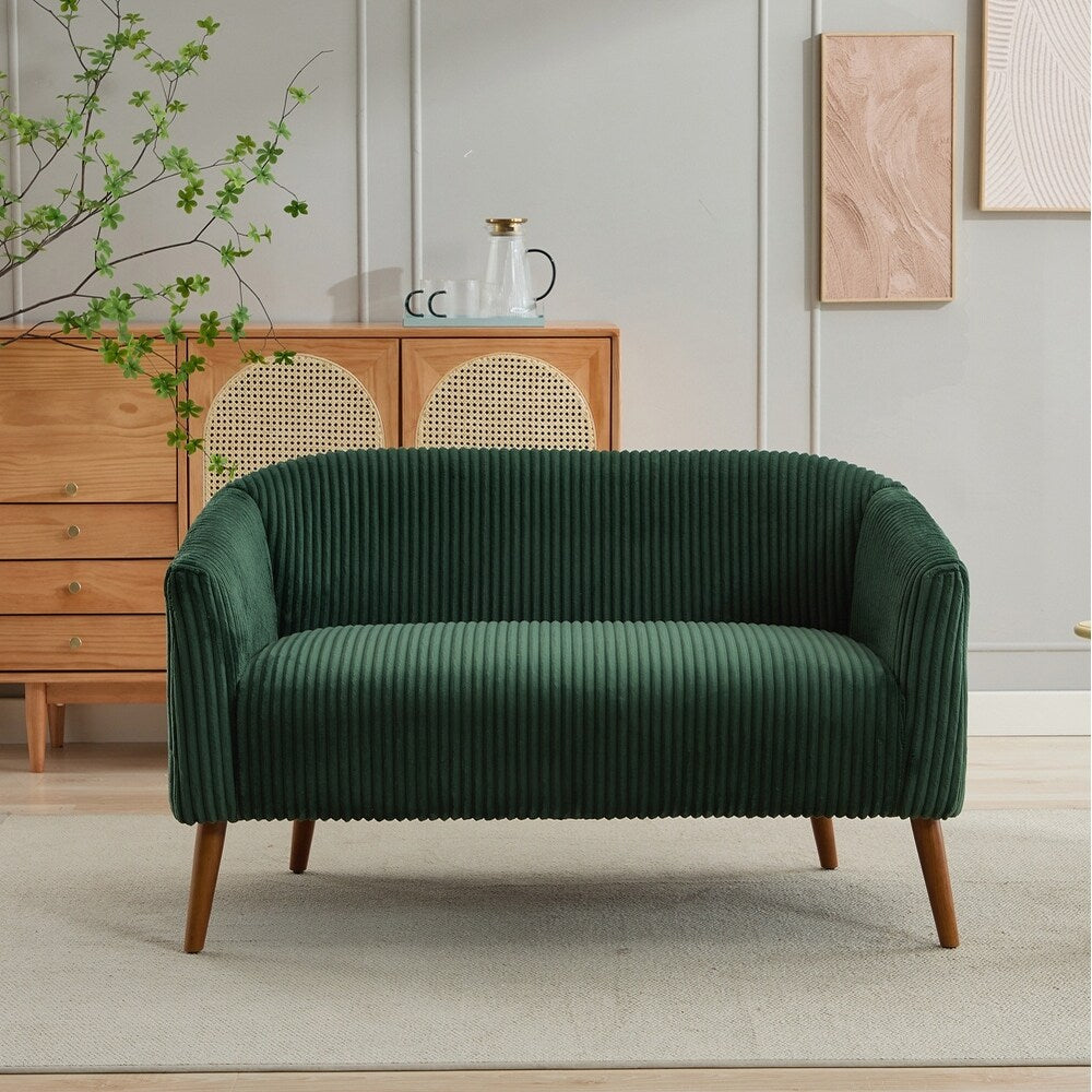 Divano a 2 posti rivestito in tessuto di velluto a coste con gambe in legno di noce