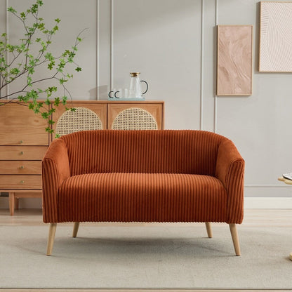 Divano a 2 posti rivestito in tessuto di velluto a coste con gambe in legno di noce