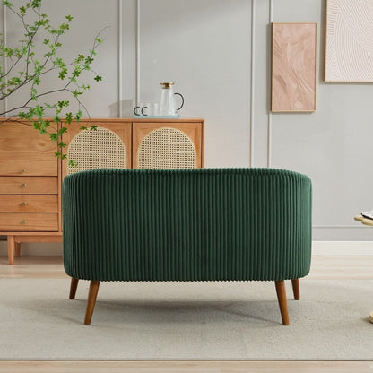 Divano a 2 posti rivestito in tessuto di velluto a coste con gambe in legno di noce