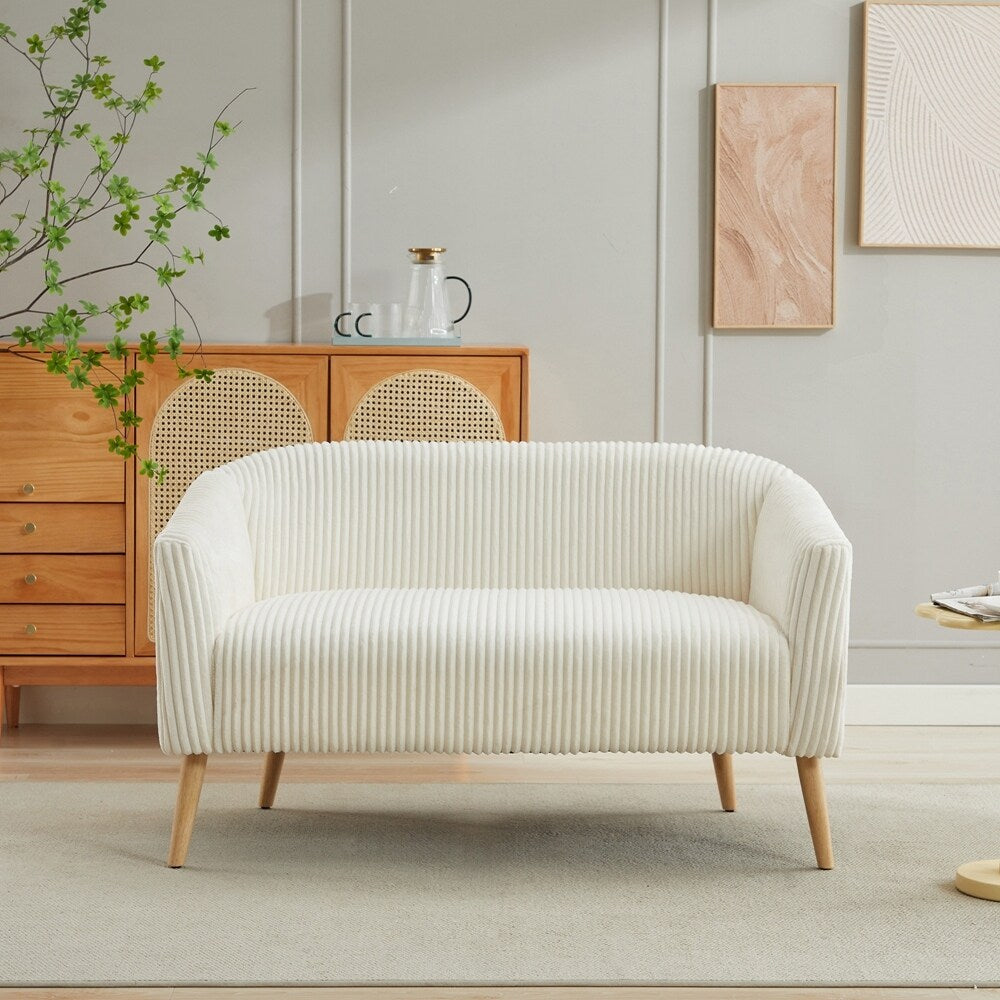 Divano a 2 posti rivestito in tessuto di velluto a coste con gambe in legno di noce