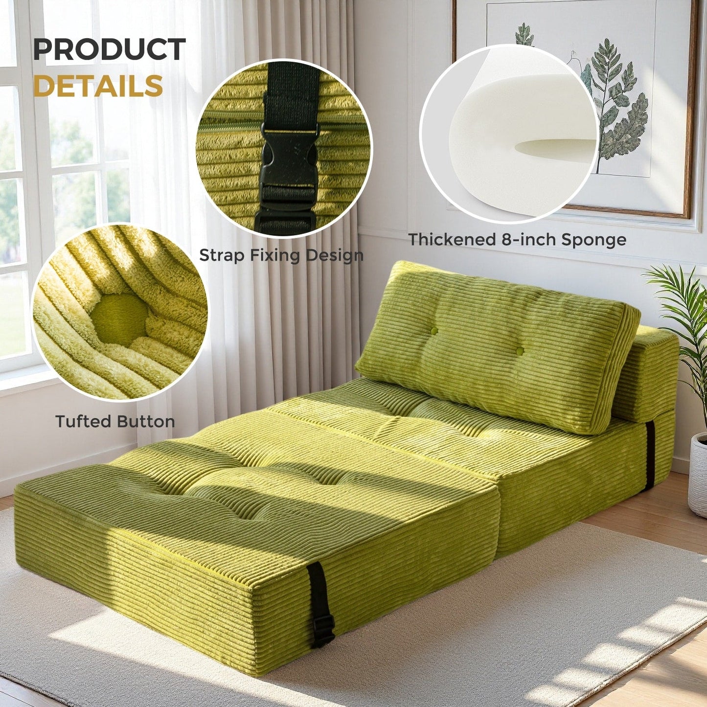 Divano letto pieghevole in velluto a coste, materasso da pavimento da 6 pollici