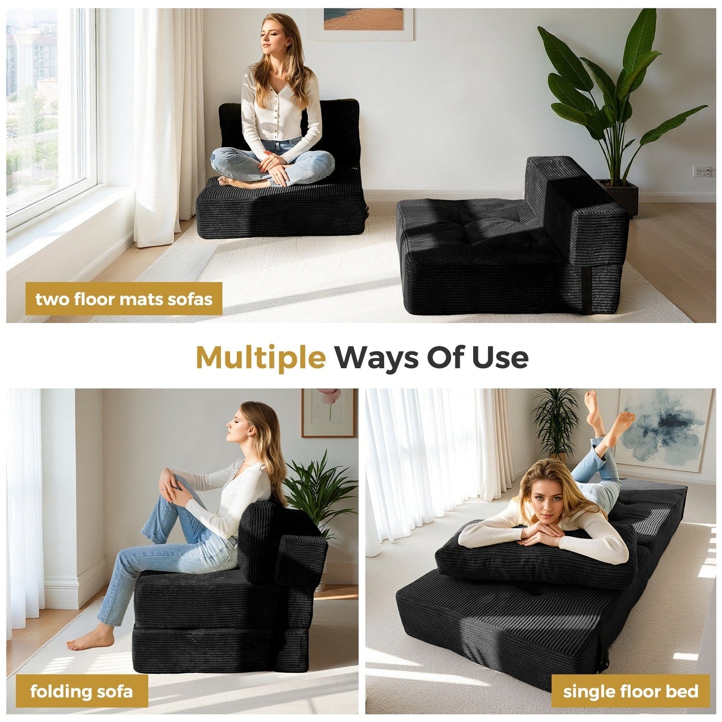 Divano letto pieghevole in velluto a coste, materasso da pavimento da 6 pollici