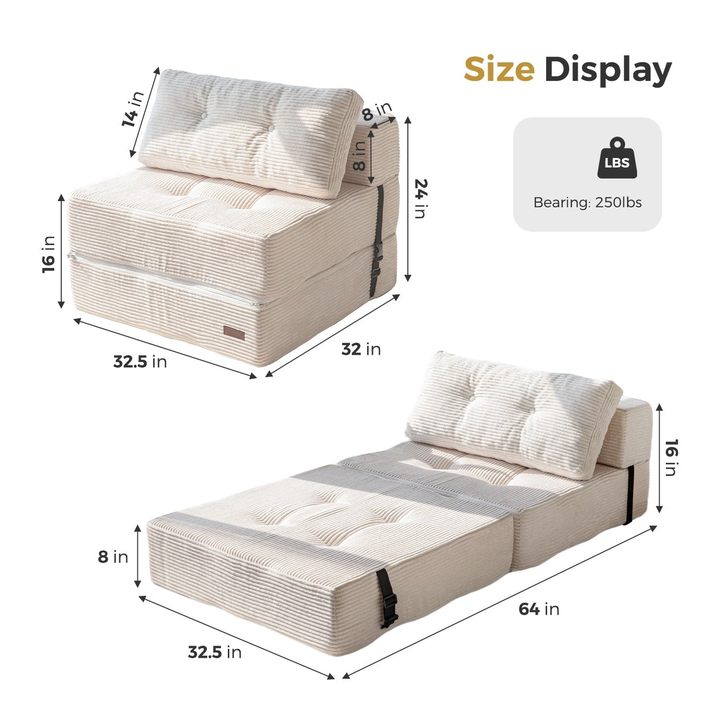 Divano letto pieghevole in velluto a coste, materasso da pavimento da 6 pollici