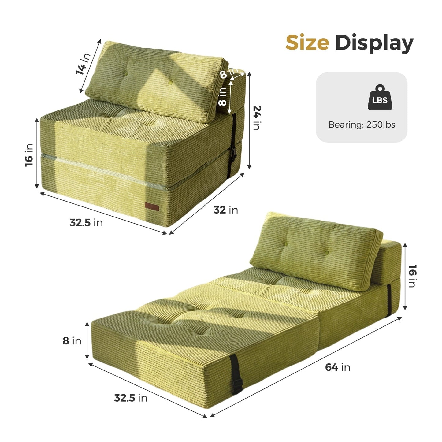 Divano letto pieghevole in velluto a coste, materasso da pavimento da 6 pollici