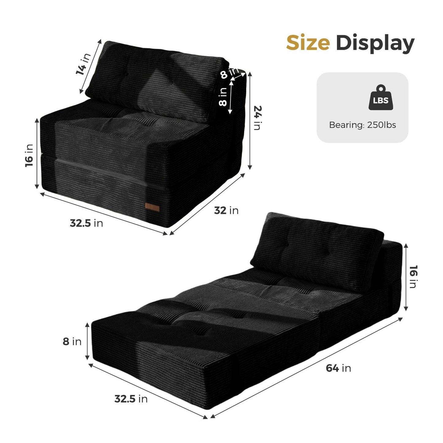 Divano letto pieghevole in velluto a coste, materasso da pavimento da 6 pollici