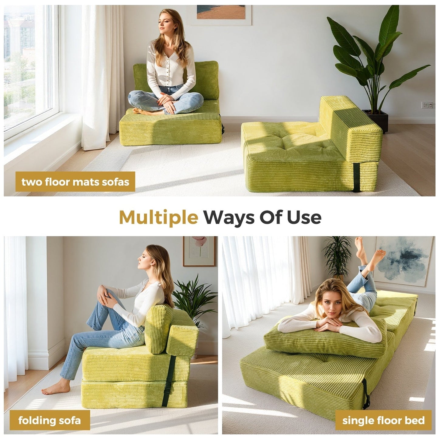 Divano letto pieghevole in velluto a coste, materasso da pavimento da 6 pollici