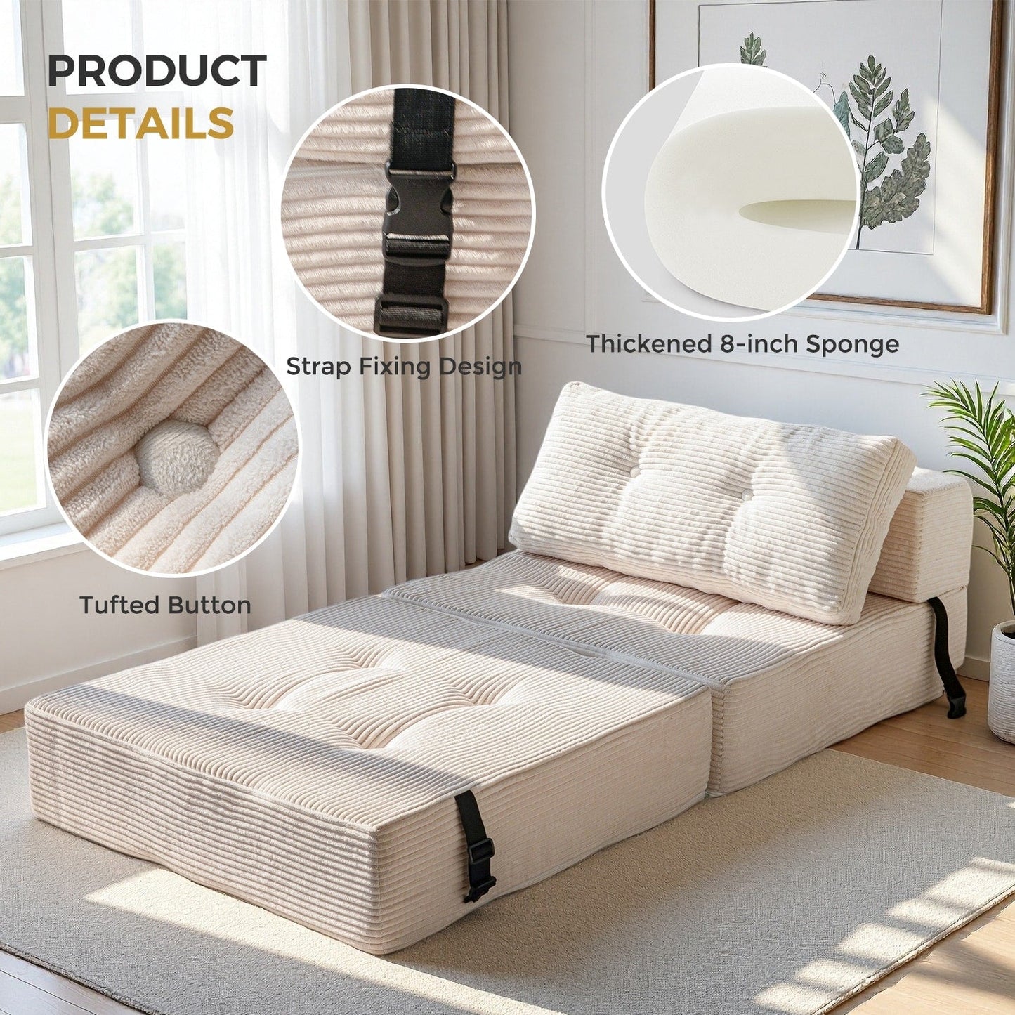Divano letto pieghevole in velluto a coste, materasso da pavimento da 6 pollici