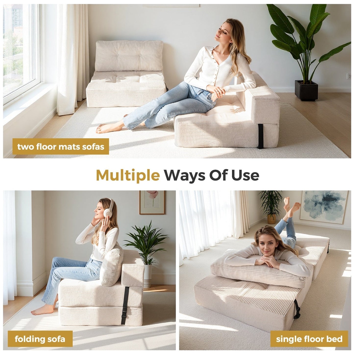 Divano letto pieghevole in velluto a coste, materasso da pavimento da 6 pollici