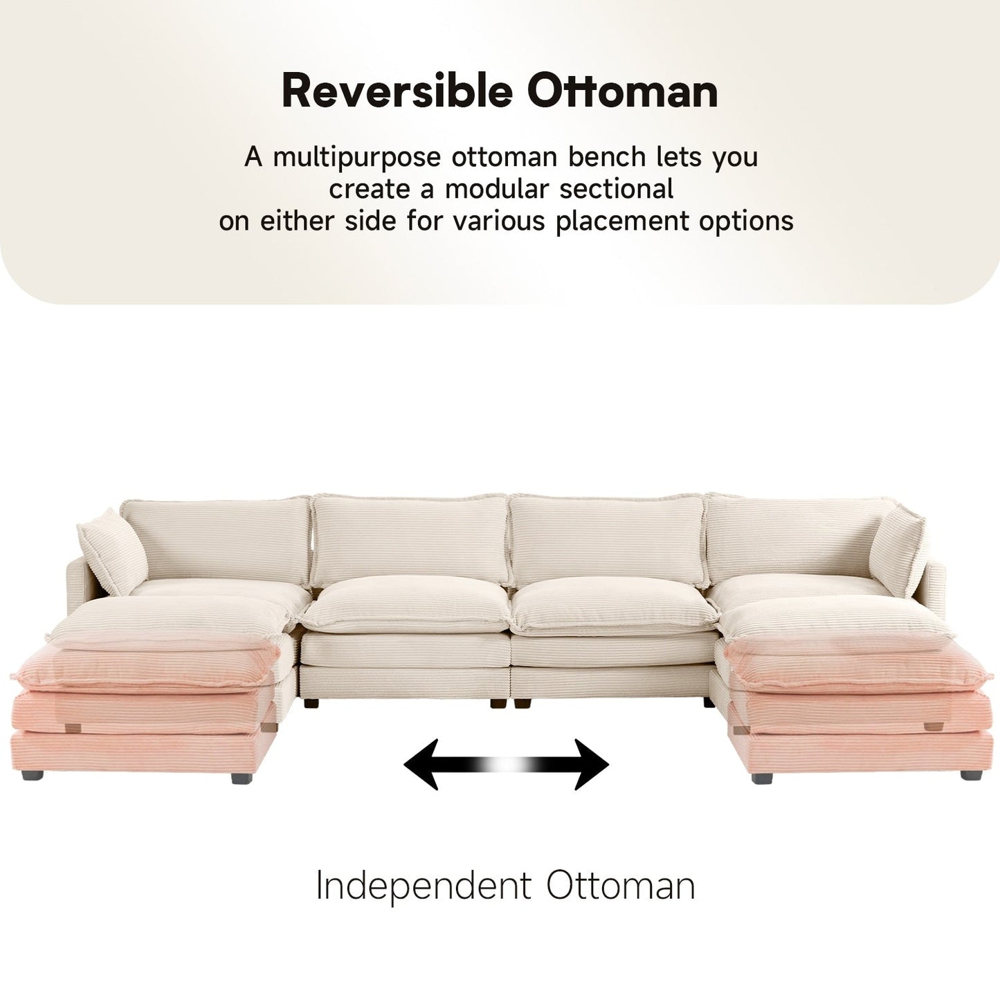 Divano componibile in velluto a coste con pouf rimovibili e cuscini ultra morbidi per soggiorno e camera da letto