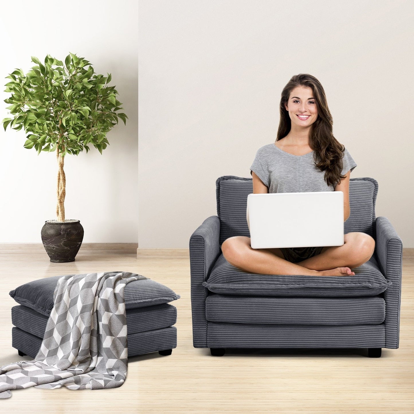 Divano componibile in velluto a coste con pouf rimovibili e cuscini ultra morbidi per soggiorno e camera da letto