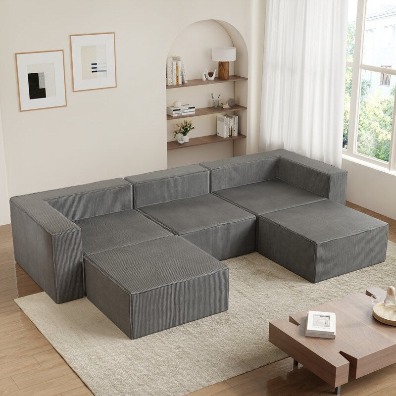 Modulo in velluto a coste con due divani a compressione pouf