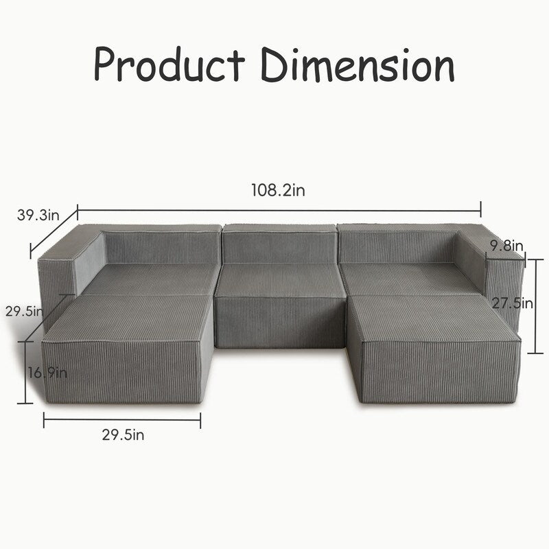 Modulo in velluto a coste con due divani a compressione pouf