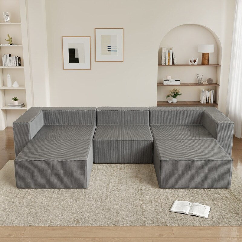 Modulo in velluto a coste con due divani a compressione pouf