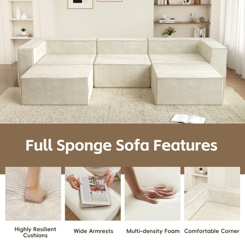 Modulo in velluto a coste con due divani a compressione pouf