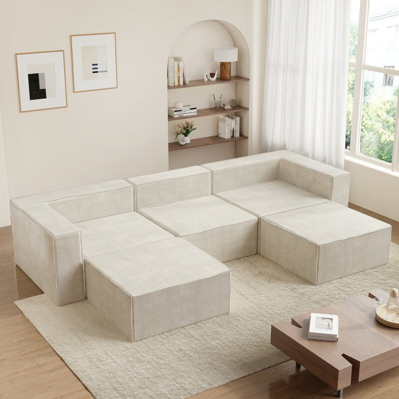 Modulo in velluto a coste con due divani a compressione pouf