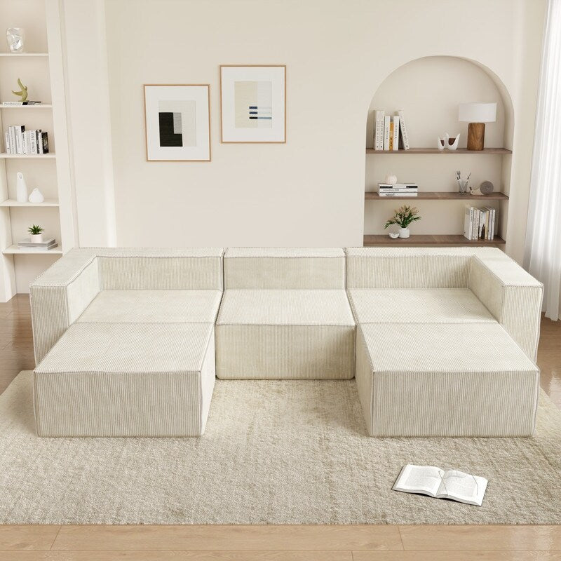 Modulo in velluto a coste con due divani a compressione pouf