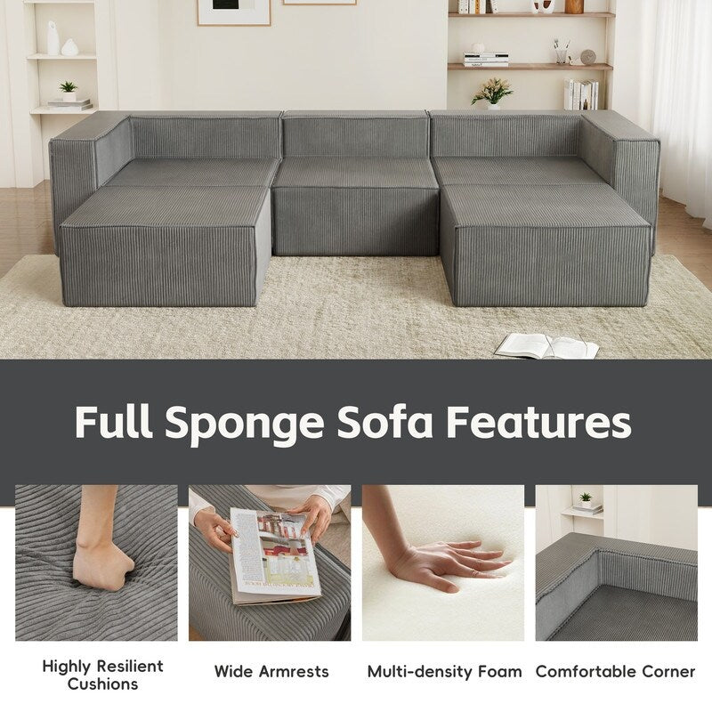 Modulo in velluto a coste con due divani a compressione pouf