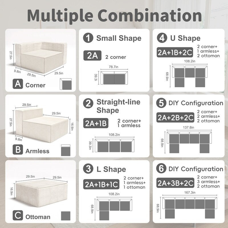 Modulo in velluto a coste con due divani a compressione pouf