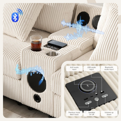 Divano componibile in velluto a coste con altoparlanti Bluetooth, caricabatterie USB, portabicchieri, contenitore, pouf, seduta profonda e ampia