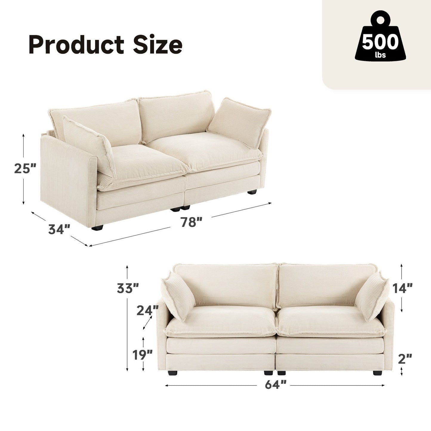 Divano componibile in velluto a coste con pouf rimovibili e cuscini ultra morbidi per soggiorno e camera da letto