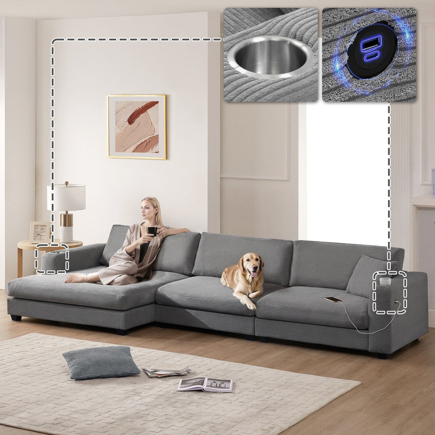 Divano componibile in velluto a coste, divano a forma di L con porta di ricarica USB, portabicchieri, divano letto con seduta profonda e chaise longue da 50 cm