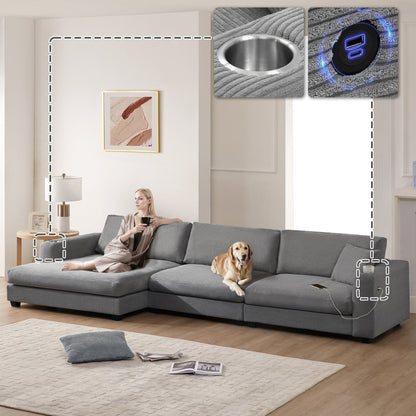 Divano componibile in velluto a coste, divano a forma di L con porta di ricarica USB, portabicchieri, divano letto con seduta profonda e chaise longue da 50 cm