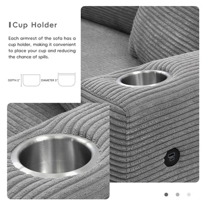 Divano componibile in velluto a coste, divano a forma di L con porta di ricarica USB, portabicchieri, divano letto con seduta profonda e chaise longue da 50 cm