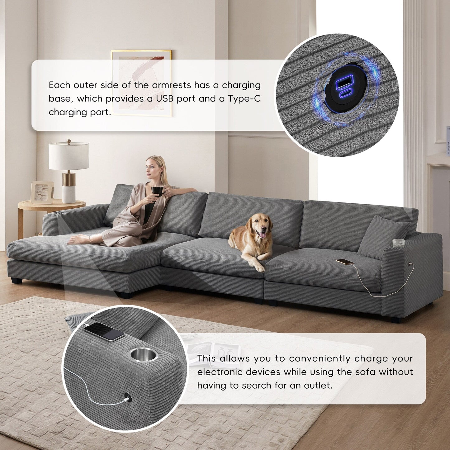 Divano componibile in velluto a coste, divano a forma di L con porta di ricarica USB, portabicchieri, divano letto con seduta profonda e chaise longue da 50 cm