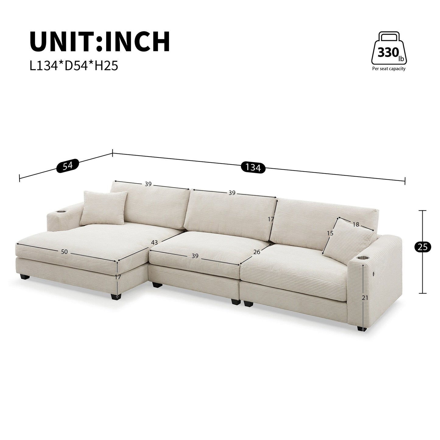 Divano componibile in velluto a coste, divano a forma di L con porta di ricarica USB, portabicchieri, divano letto con seduta profonda e chaise longue da 50 cm