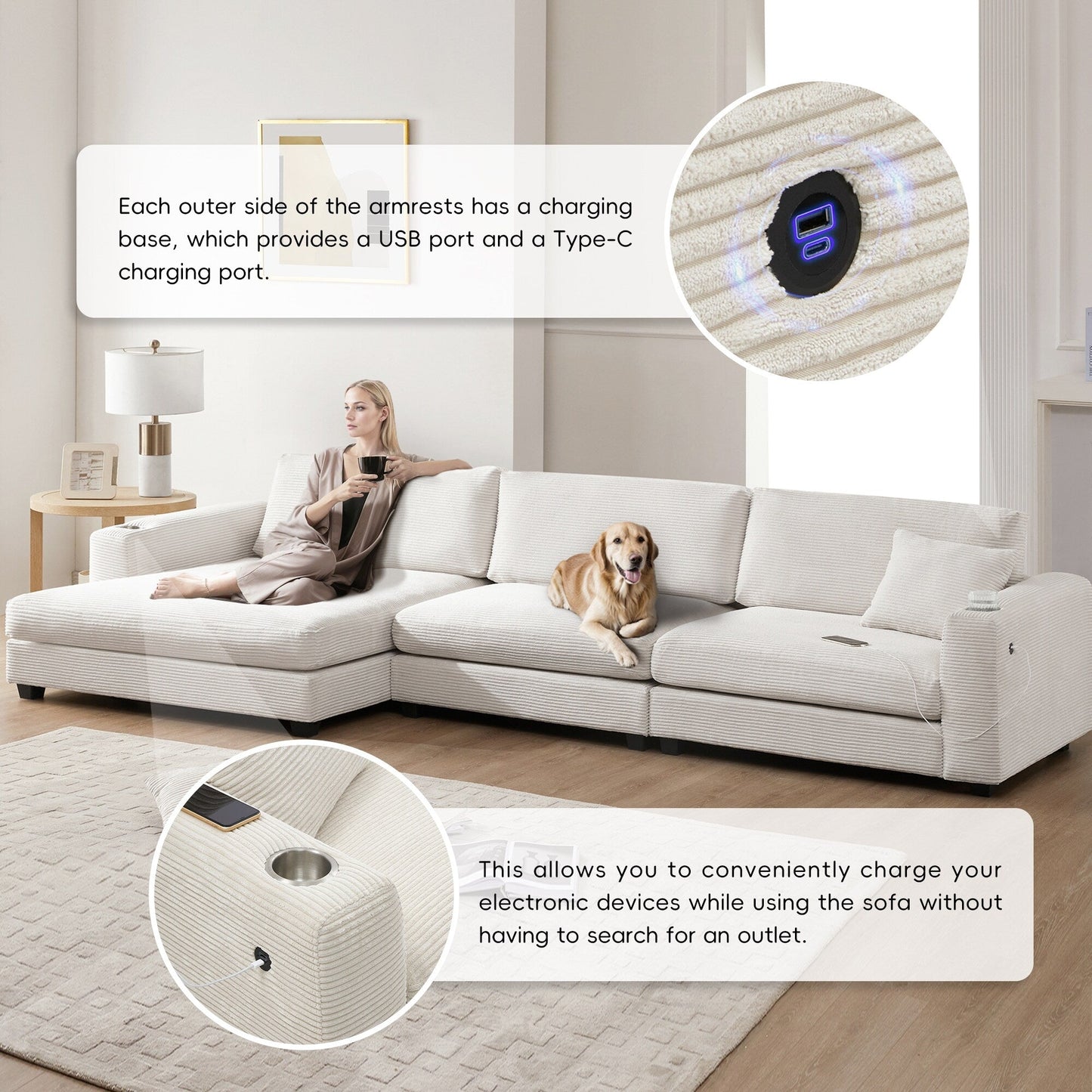 Divano componibile in velluto a coste, divano a forma di L con porta di ricarica USB, portabicchieri, divano letto con seduta profonda e chaise longue da 50 cm