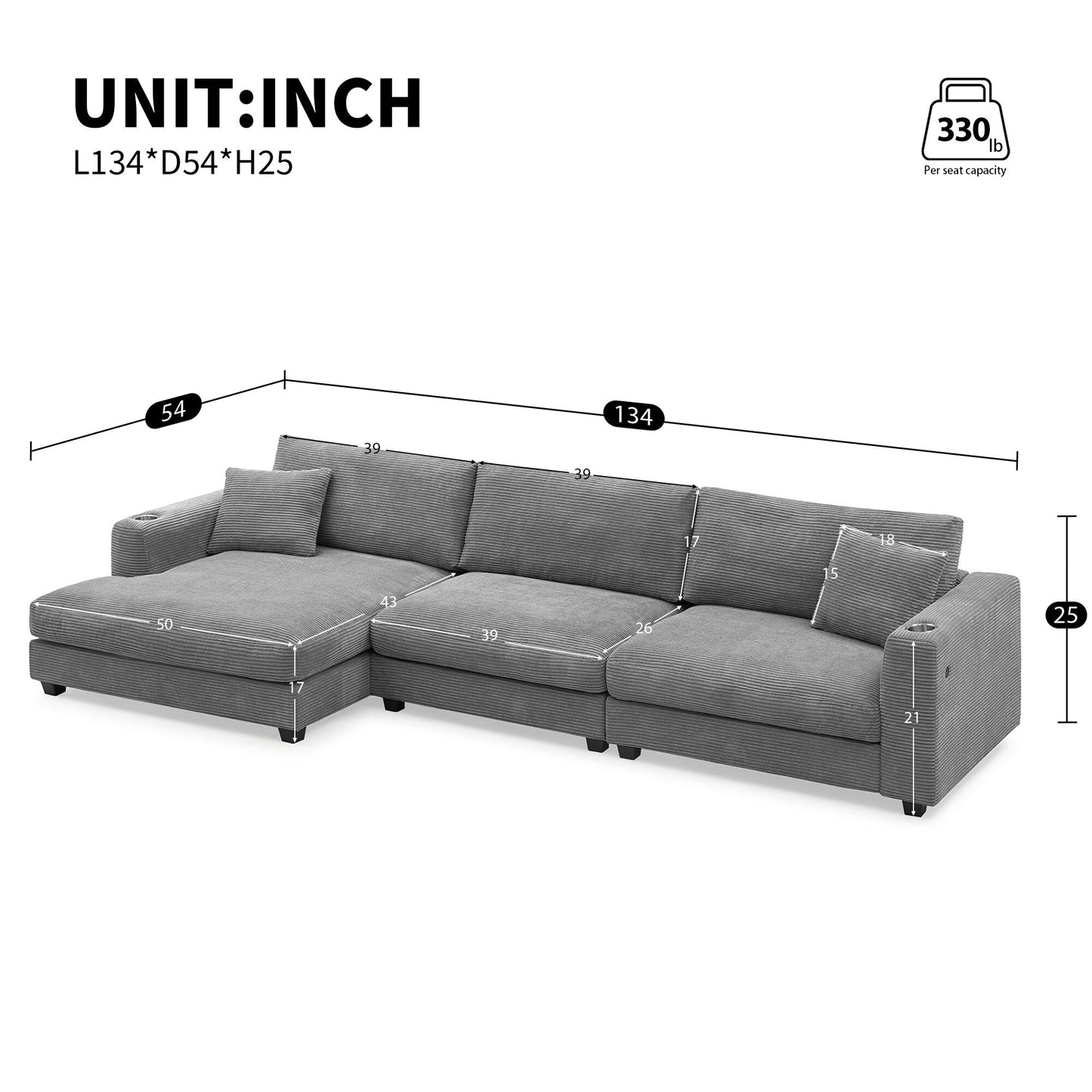 Divano componibile in velluto a coste, divano a forma di L con porta di ricarica USB, portabicchieri, divano letto con seduta profonda e chaise longue da 50 cm