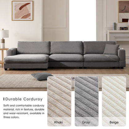 Divano componibile in velluto a coste, divano a forma di L con porta di ricarica USB, portabicchieri, divano letto con seduta profonda e chaise longue da 50 cm