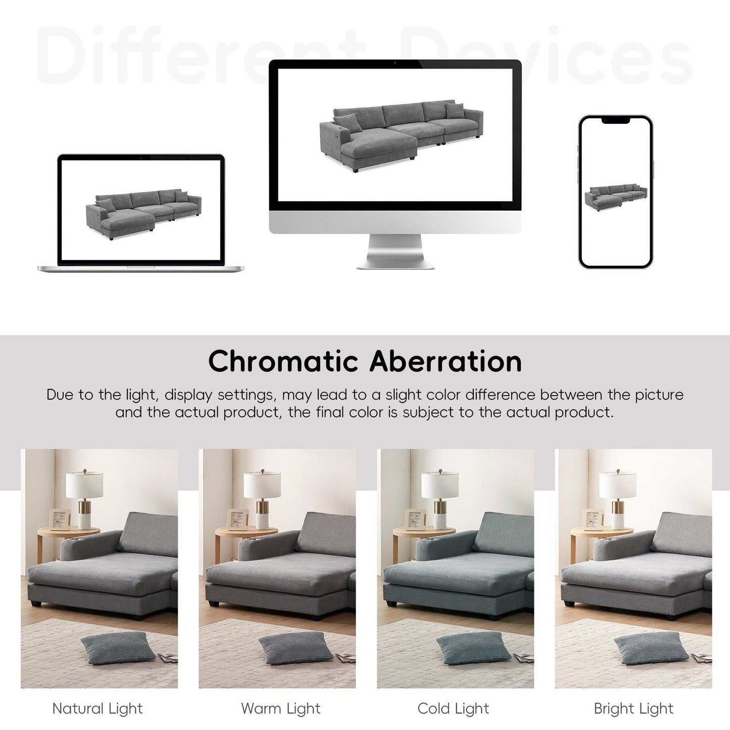 Divano componibile in velluto a coste, divano a forma di L con porta di ricarica USB, portabicchieri, divano letto con seduta profonda e chaise longue da 50 cm