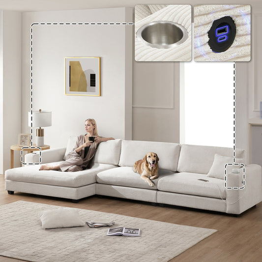 Divano componibile in velluto a coste, divano a forma di L con porta di ricarica USB, portabicchieri, divano letto con seduta profonda e chaise longue da 50 cm