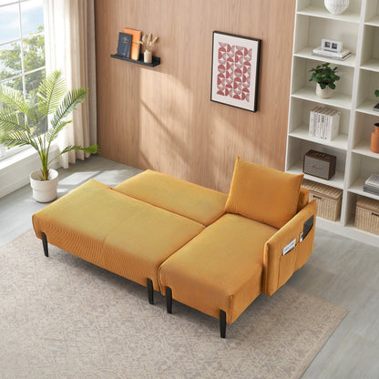 Divano reclinabile in velluto a coste con gambe affusolate in metallo, divano lungo con 3 cuscini coordinati e tasche laterali per soggiorno