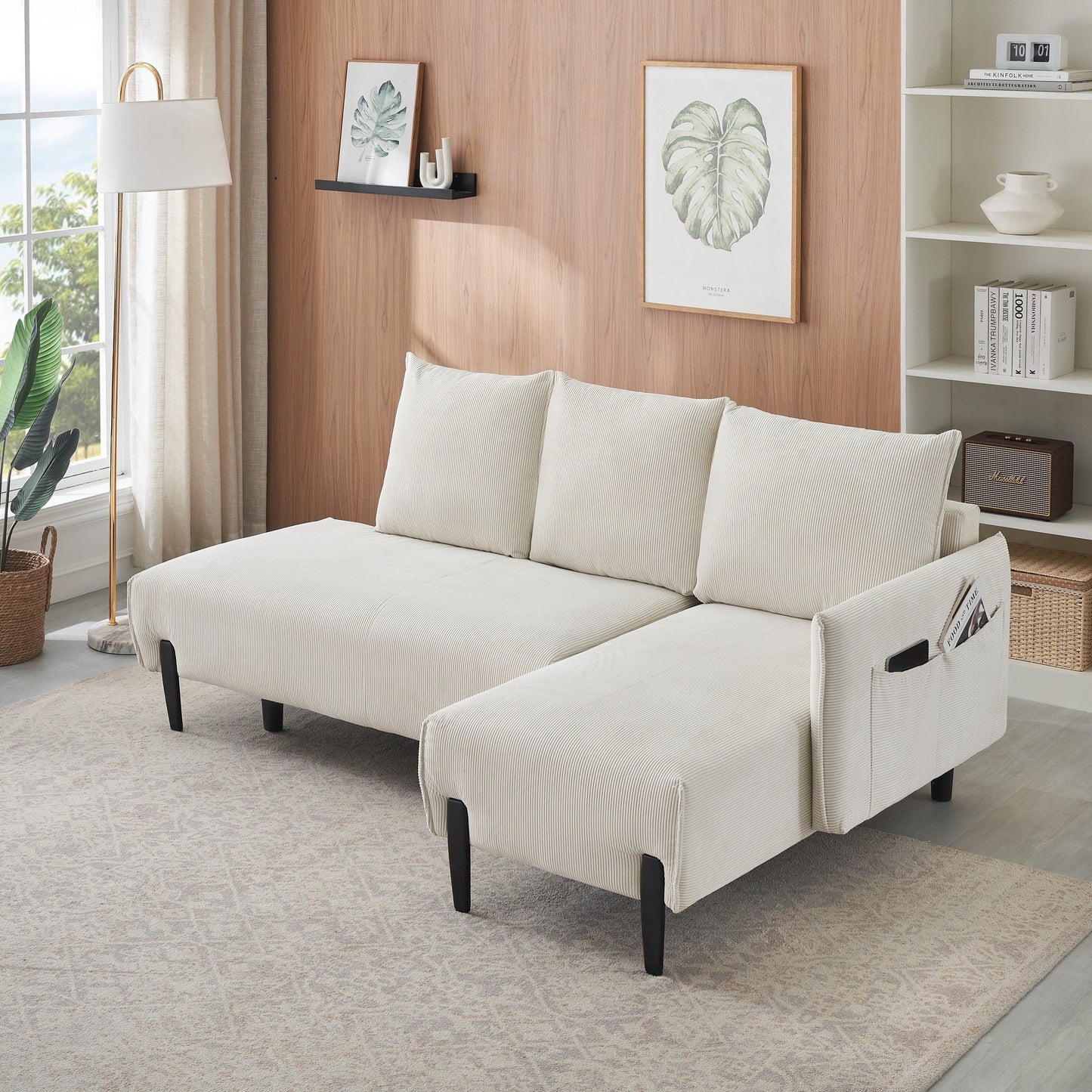 Divano reclinabile in velluto a coste con gambe affusolate in metallo, divano lungo con 3 cuscini coordinati e tasche laterali per soggiorno