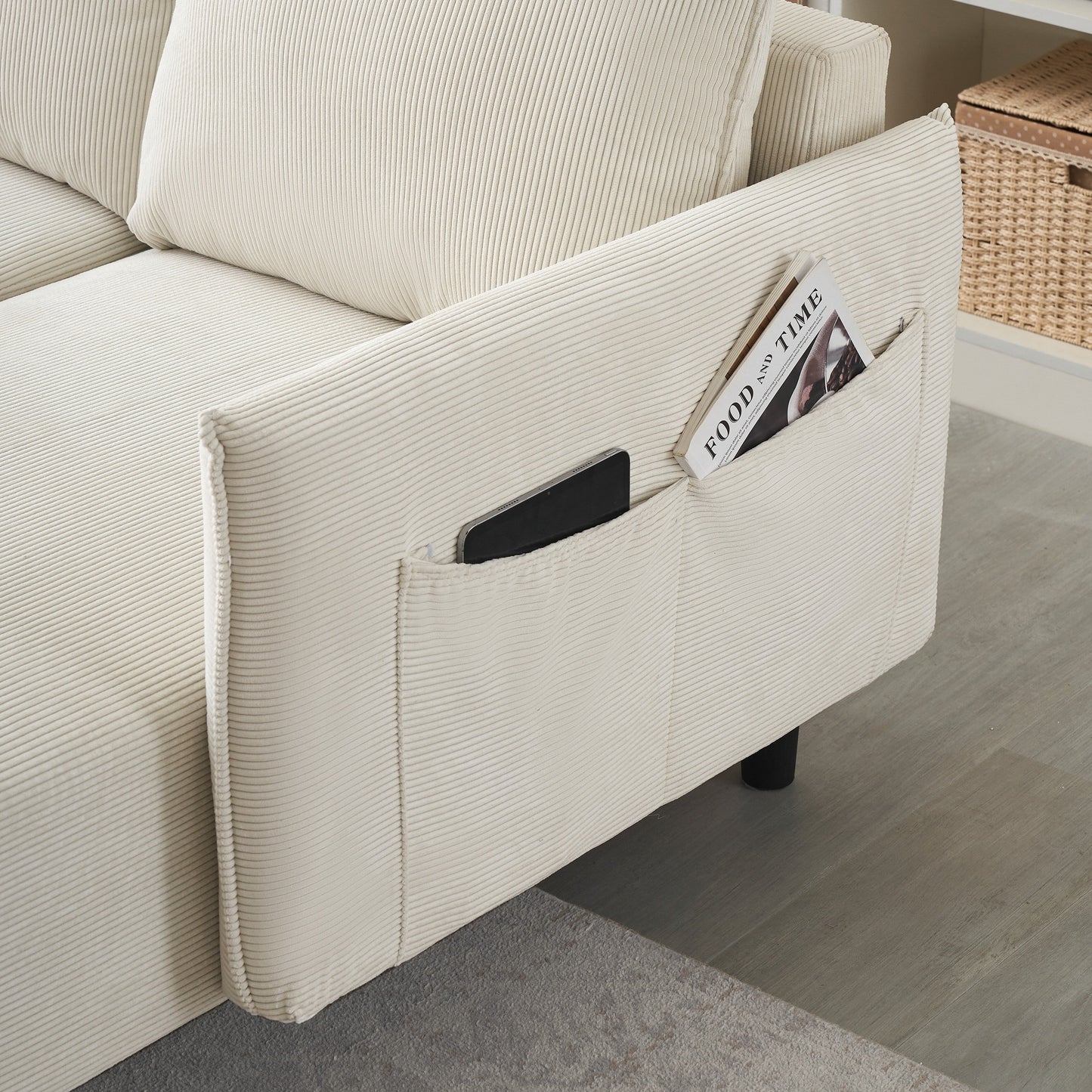 Divano reclinabile in velluto a coste con gambe affusolate in metallo, divano lungo con 3 cuscini coordinati e tasche laterali per soggiorno