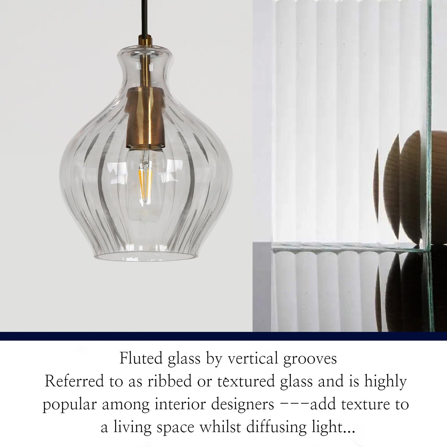 Lampada a sospensione moderna in ottone Coria Mid-Century, 1 luce, elegante, dimmerabile, per isola cucina, vetro scanalato, sala da pranzo