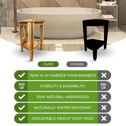 EcoDecors, Snazzy Corner, Panca da doccia in teak, Sgabello da doccia in teak, Sgabello da doccia angolare, Panca da doccia angolare in teak, con ripiano