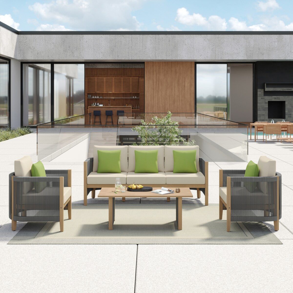 Set di divani da giardino Corvus Iona da 4 pezzi in legno di eucalipto e corda con tessuto Sunbrella