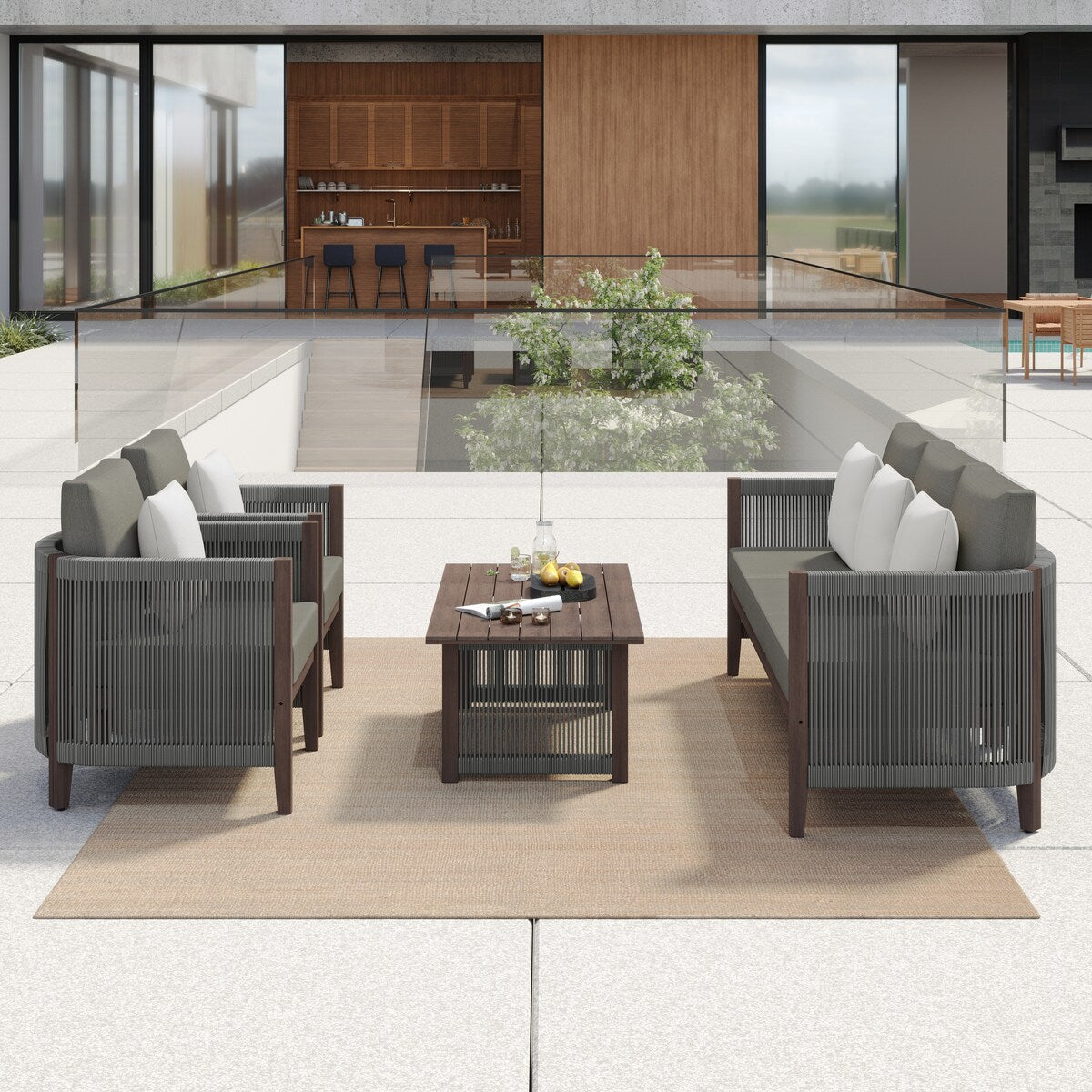 Set di divani da giardino Corvus Iona da 4 pezzi in legno di eucalipto e corda con tessuto Sunbrella