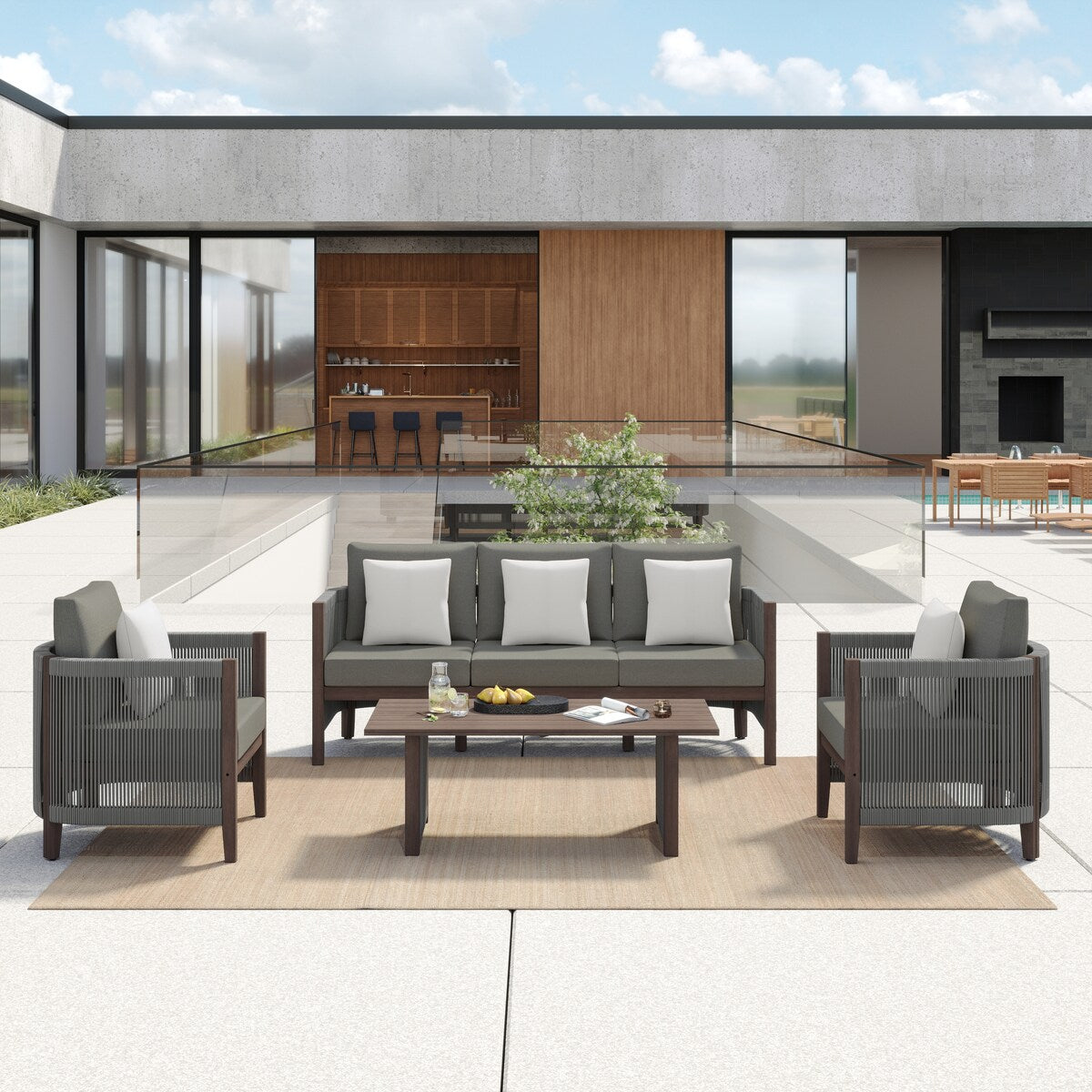 Set di divani da giardino Corvus Iona da 4 pezzi in legno di eucalipto e corda con tessuto Sunbrella