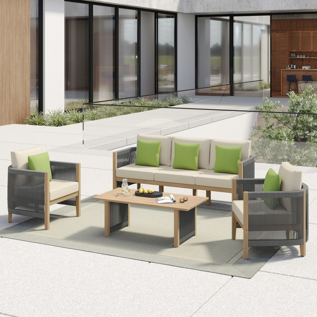 Set di divani da giardino Corvus Iona da 4 pezzi in legno di eucalipto e corda con tessuto Sunbrella