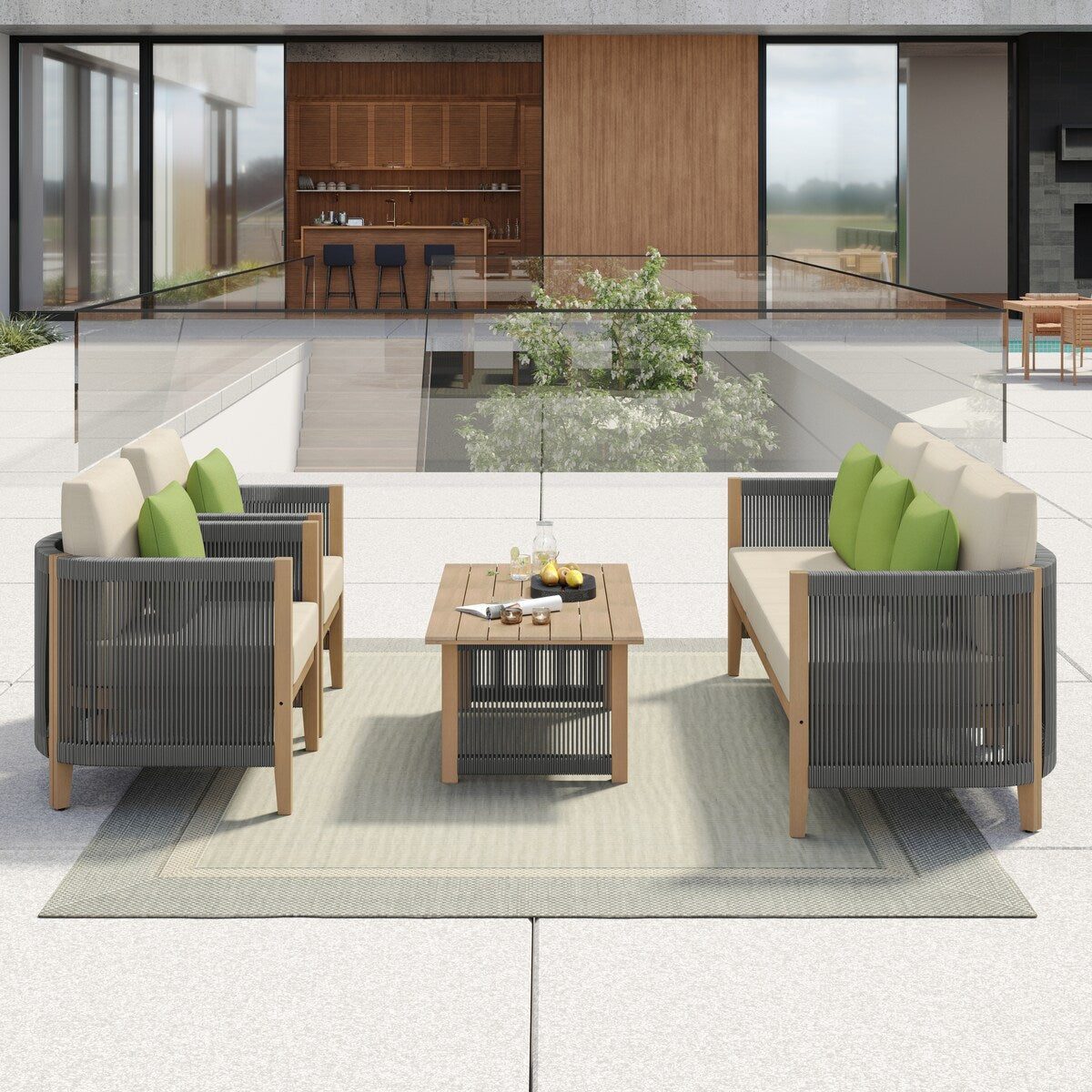 Set di divani da giardino Corvus Iona da 4 pezzi in legno di eucalipto e corda con tessuto Sunbrella