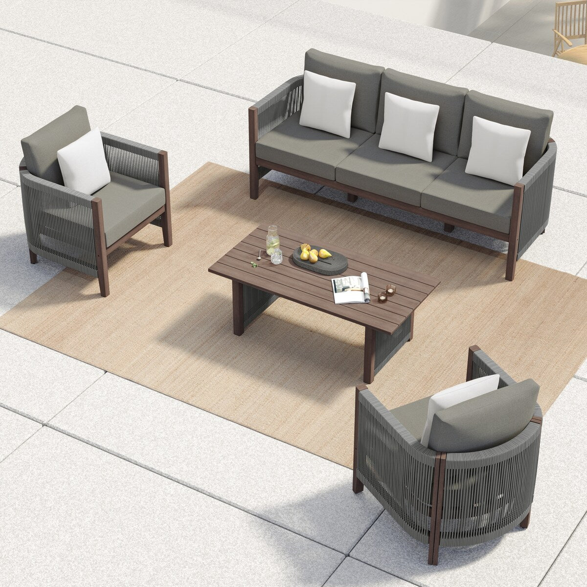 Set di divani da giardino Corvus Iona da 4 pezzi in legno di eucalipto e corda con tessuto Sunbrella